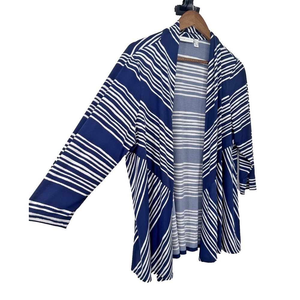 Susan Graver Liquid Knit Cardigan Women L Blue White Striped Open Front Draped